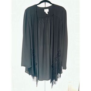 Chico's Women's Black Pleated Long Sleeve open jacket with fringe
